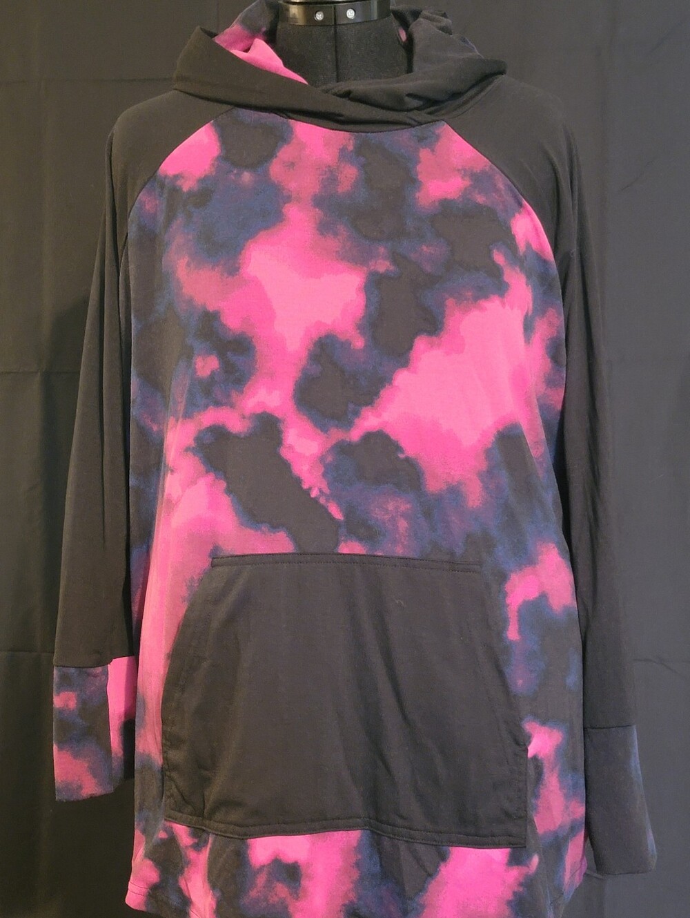 Women's Pink Tie-Dye Hoodie Top with Black Accents